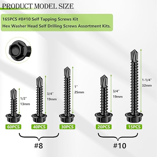mxuteuk 165PCS #8#10 Self Tapping Screws,410 Stainless Steel Self Drilling Screws,Black Zinc Plated Hex Washer Head Sheet Metal Screws Suitable for Wood, Metal or Tough Materials