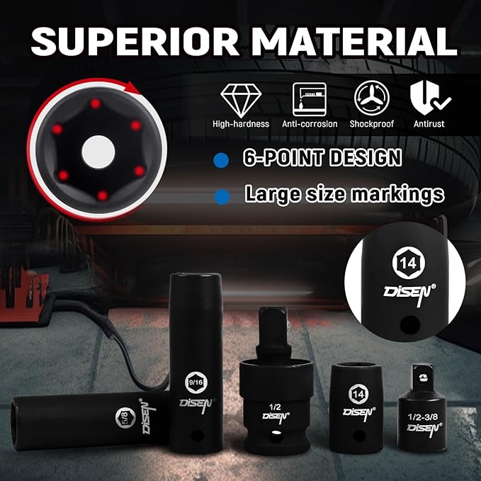 DISEN 65 Pieces 1/2" Drive Impact Socket Set, Metric (10-24mm) & SAE (3/8" to 1-1/4"), 6 Point Cr-V Alloy Steel for Auto Repair, Include Extension Bars, Adapter, Rugged Construction, Storage Case