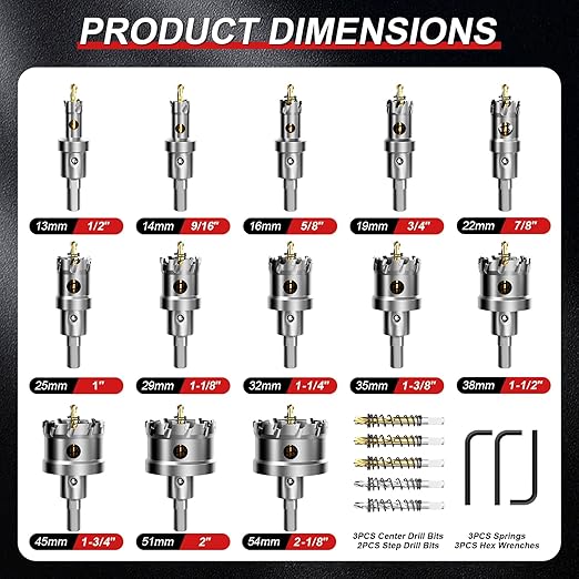 1-3/16" (30mm) TCT Carbide Hole Saw Kit for Metal - Heavy Duty Hole Cutter Drill Bits Set with 2 Titanium/Step Pilot Drill Bits & L-Wrench, Cuts Stainless Steel, Iron, Aluminum, Wood, Plastic