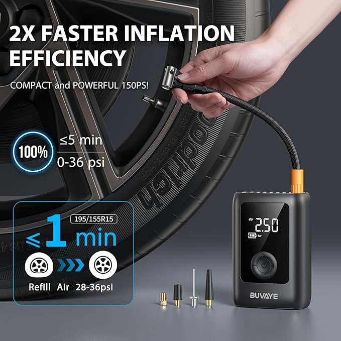 BUVAYE Tire Inflator Portable Air Compressor, 150PSI Portable Air Pump, 12V DC Cordless/Corded Air Pump with Pressure Gauge Emergency LED Light for Tires, Bicycle, Balloons with EVA Bag