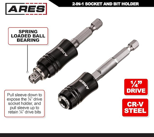 ARES 70034 2-in-1 Socket Bit Holder - Holds 1/4-Inch Drive Sockets and Bits - Quick Change Mechanism - Easy Switching Between Bits and Sockets