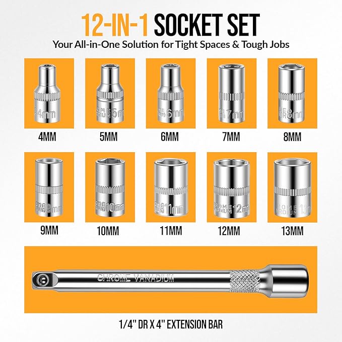12PCS 1/4 Inch Drive Socket Set, Premium Mini Ratchet Socket Wrench Set, Small Metric Ratchet Socket Wrenches Set, with 1/4 Ratchet Extension Bar for Car, Automotive, Household Repair