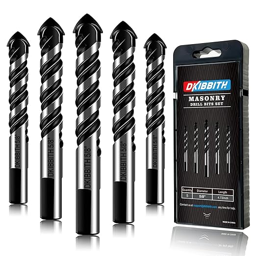 5-Piece 5/8??Masonry Drill Bits for Tile Glass Ceramic Wall Brick Stone Soft-Metal Wood, 5/8 Inch Concrete Drill Bits Cement Drill Bit Set, 3-Flat Shank, YG8 Carbide Tungsten Steel Alloy Tip 16mm