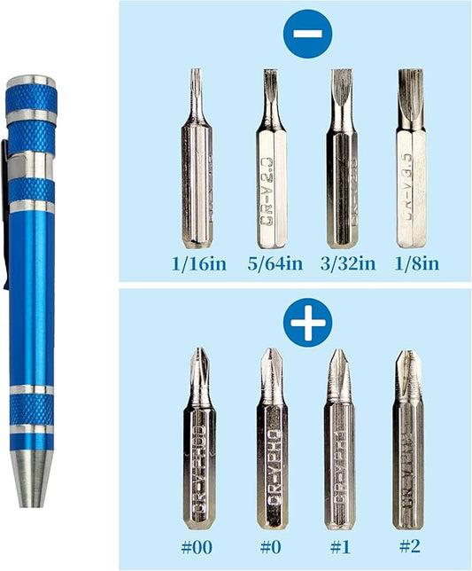 SWATOM 8 in 1 Mini Screwdriver Set Small Screwdrivers Pen Magnetic Repair Tools EDC Compact Precision Gadgets for Computer Eyeglasses Daily Home Improvement Use (Blue&Red+ Magnetizer Tool)