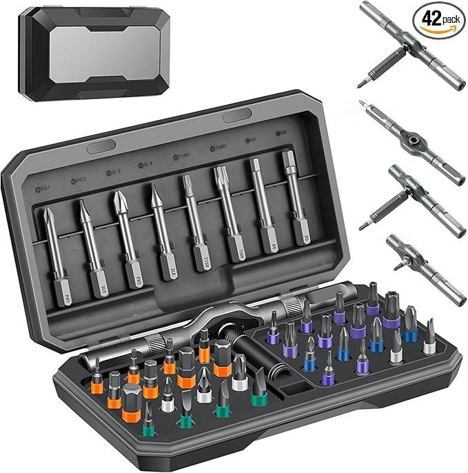 42 in 1 Magnetic Screwdriver Set, DIY Ratchet Screwdriver Set, Multi Bit Magnetic Drive Set with Detachable Ratchet Handle, Portable Gray Repair Tool Kit