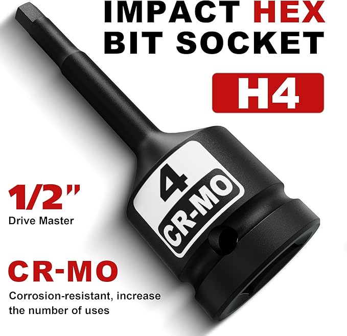 1/2" Drive 4 mm Hex Impact Bit Socket, H4 Allen Bit Socket, Metric, Cr-Mo Steel, Automotive Repair Industrial Maintenance and DIY Enthusiasts Alike