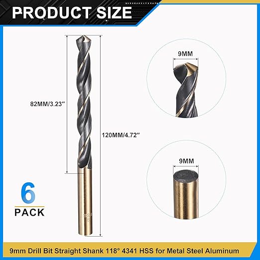 PATIKIL 9mm Drill Bit, Jobber Straight Shank 4341 High-Speed Steel 118째 Black and Gold Finish for Medium-Hard Metal Steel Acrylic - 6 Pack