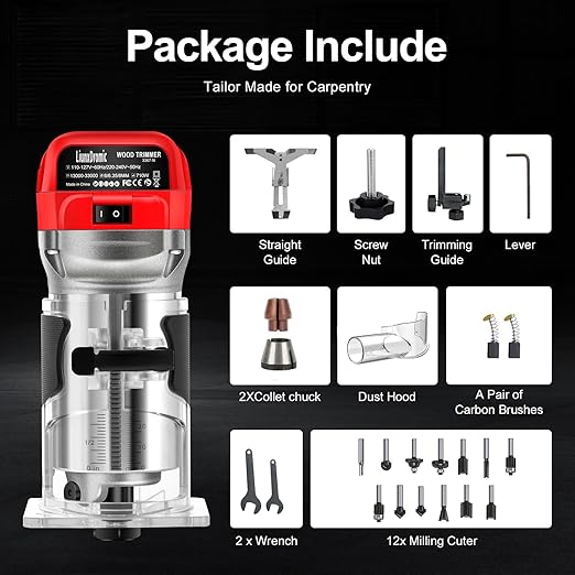 Router Tool, 6.5Amp 1.25HP Wood Routers for Woodworking, 13000-33000 RPM 6 Variable SpeedsHand Wood Tool Compact Edge Trimmer with 12 1/4" Router Bit Set (US6)