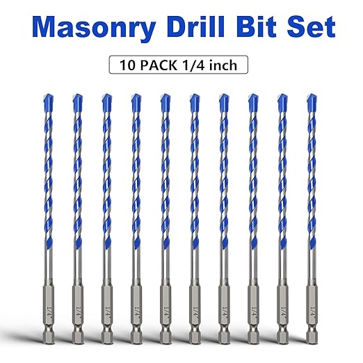 10 Pack 1/4 inch Concrete Drill Bit Set,Masonry Drill Bit Set with Hex Shank,Carbide Tip Drill Bits for Concrete, Cement, Tile,Brick, Plastic and Ceramic (1/4"竊?0 Pcs竊?