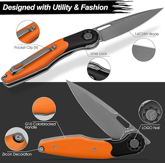 FINTISO Pocket Knife 3.5" Folding Knife Premium 14C28N Blade, Bicolour G10 Handle Design with Pocket Clip for Men Women, Small EDC Knife for Camping, Hunting, Hiking, Survival and Outdoor Activities, ROOK Series