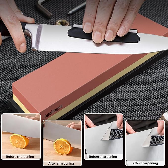 Intelitopia Complete Knife Sharpening Stone Set ??Dual Grit Whetstone 400/1000 3000/8000 Knife Sharpener with Leather Strop, Flattening Stone, Bamboo Base, 3 Non-slip Rubber Bases & Angle Guide