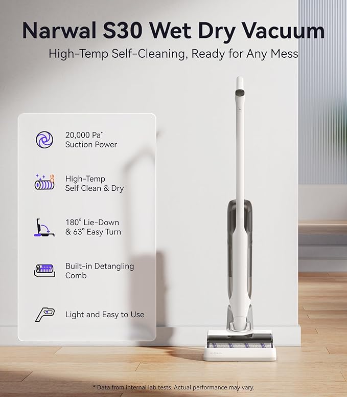 NARWAL S30 Wet Dry Vacuum Cleaner with 20000Pa Suction, 176째F Self-Cleaning, Heated Drying, Disposable Waste Bag, Tangle-Free, Cordless Vacuum Mop for Hard Floors & Edge Cleaning, Easy to Use