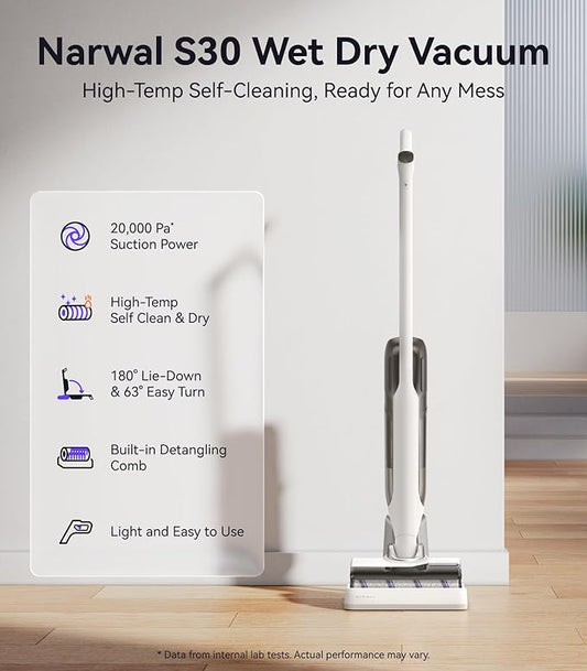 NARWAL S30 Wet Dry Vacuum Cleaner with 20000Pa Suction, 176째F Self-Cleaning, Heated Drying, Disposable Waste Bag, Tangle-Free, Cordless Vacuum Mop for Hard Floors & Edge Cleaning, Easy to Use