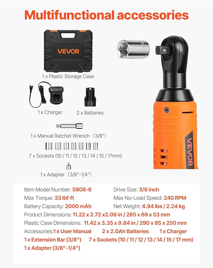 VEVOR Cordless Ratchet Wrench, 3/8 inch Drive, 240 RPM, up to 33 ft-lbs of Torque, Battery Powered Electric Ratchet Wrench Set with Two 2.0Ah Batteries, Charger, Sockets, Adaptor and Extension Bar