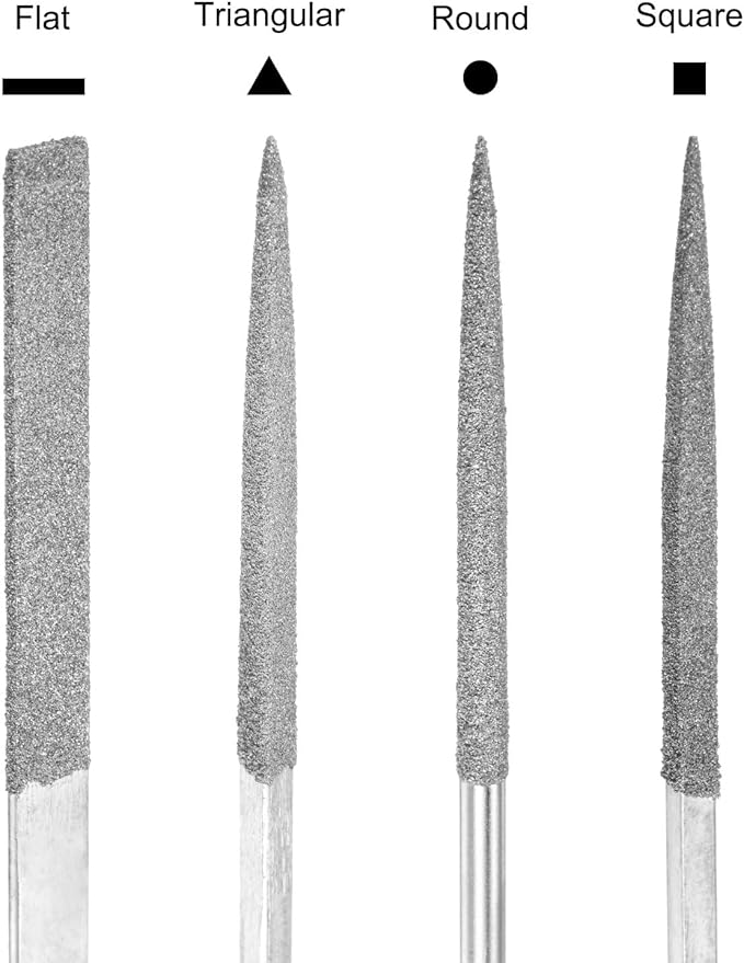 uxcell 4pcs Mini Diamond Needle File Set 120 Grits Small Metal Files Round Flat Triangular Square File Hand Tools for Glass Wood Stone