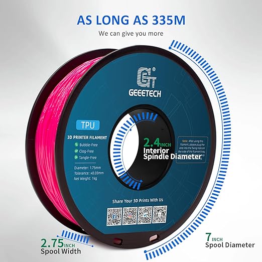 Geeetech TPU Filament 1.75mm, 95A Flexible 3D Printer Filament with High Elasticity, 1KG (2.2lbs) Spool, Dimensional Accuracy 짹0.03mm, Fits Most FDM Printers (Pink)
