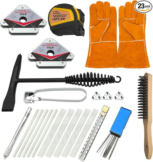 Welding Accessories,23pc,Chipping Hammer,Leather Welding Gloves 13.5",Soapstone Holder,16'x 1"Tape measures,50LB Welding Magnet,Triple Flint Torch Striker,Torch Cleaner,Wire Brush
