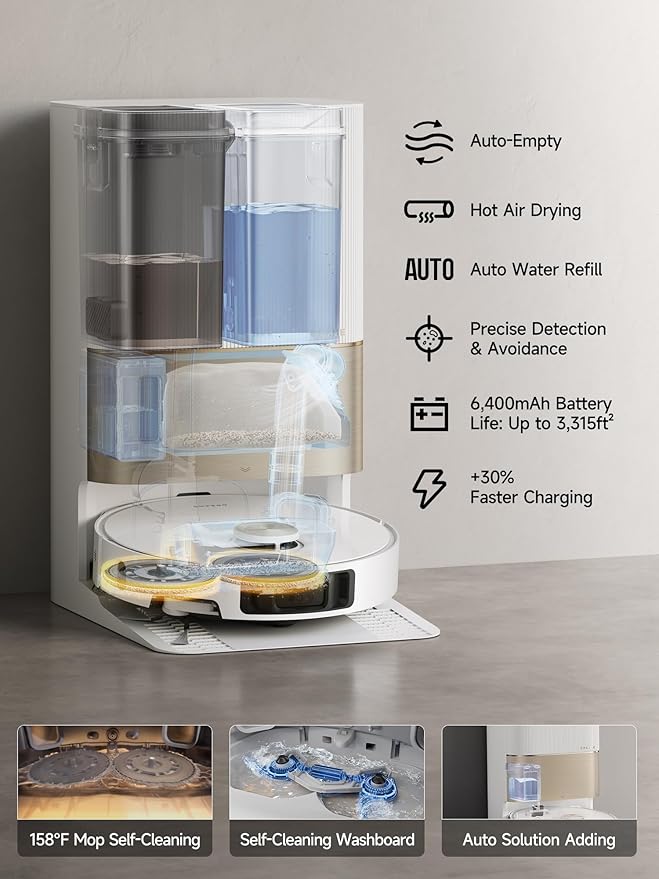 DREAME X40 Ultra Robotic Vacuum with Removable & Liftable Mop, 12,000Pa Suction, Side Brush Extensive Cleaning, 158째F Mop & Washboard Self Cleaning, Auto-Empty, Auto Refill, liftable Brushes White