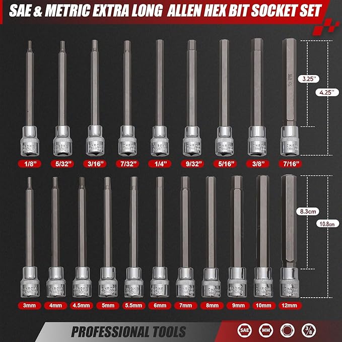 Extra-Long Allen Hex Bit Socket Set,20-Piece 3/8 Inch Drive,Standard SAE & Metric (1/8-Inch - 7/16-Inch, 3-12mm) for Repair and Assembly