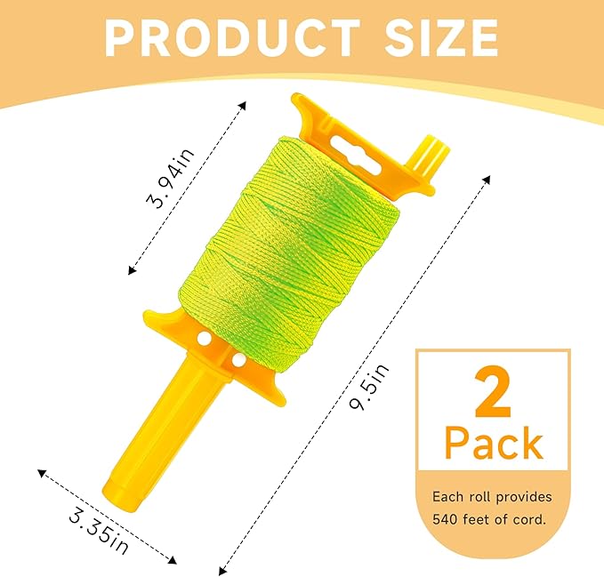 2 Pack Mason Line with Handle,540ft #18 Braided Nylon Mason Line for Gardening (Yellow, Large)
