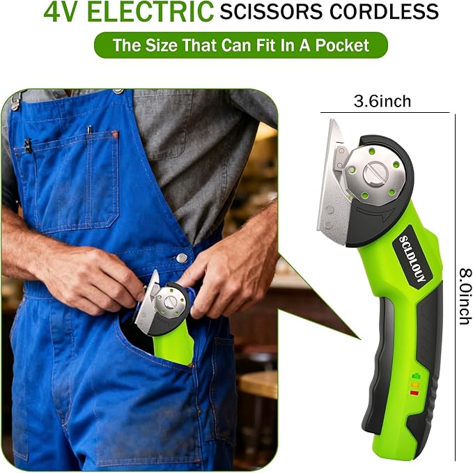 High-Speed Cardboard Cutter, Cordless Rechargeable Electric Scissors with Safety Lock and LED Light, Rotating Blade for Cardboard Fabric Carpet (Green)