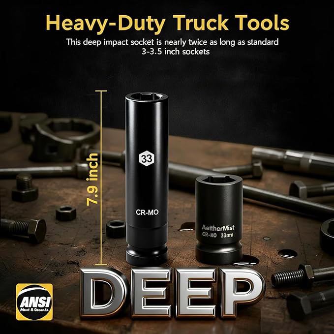1 Inch Driver 33mm Extra Deep Impact Socket, 7.9 inch Length Deep Axle Nut Socket,6 Point Cr-Mo Deep Truck Wheel Nut Socket,Radius Corner Design, Chamfered Opening