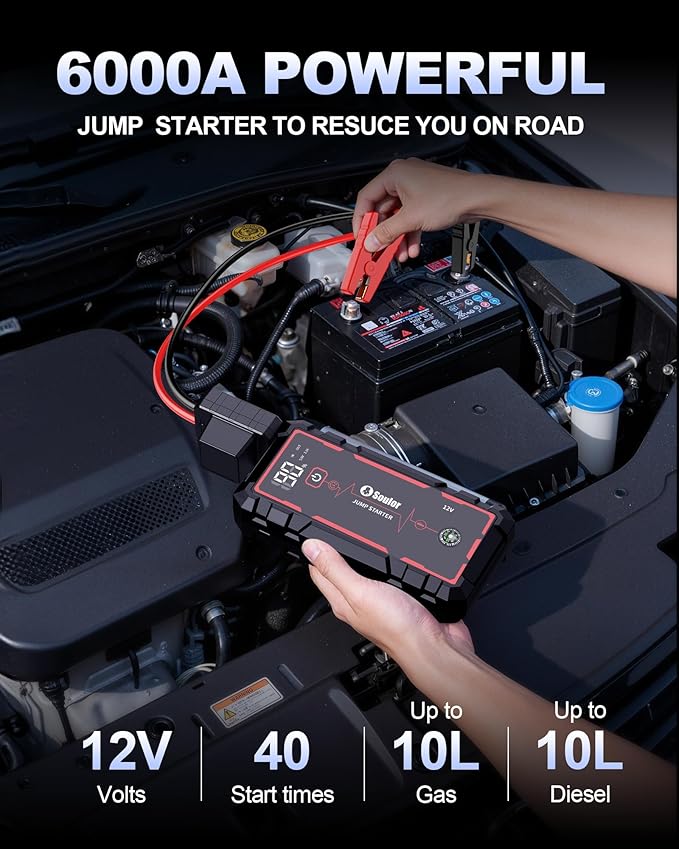 Jump Starter, Battery Jumper Starter Portable, Car Battery Jump Starter with 3 Modes Flashlight, Compass, Power Bank and Jumper Cable