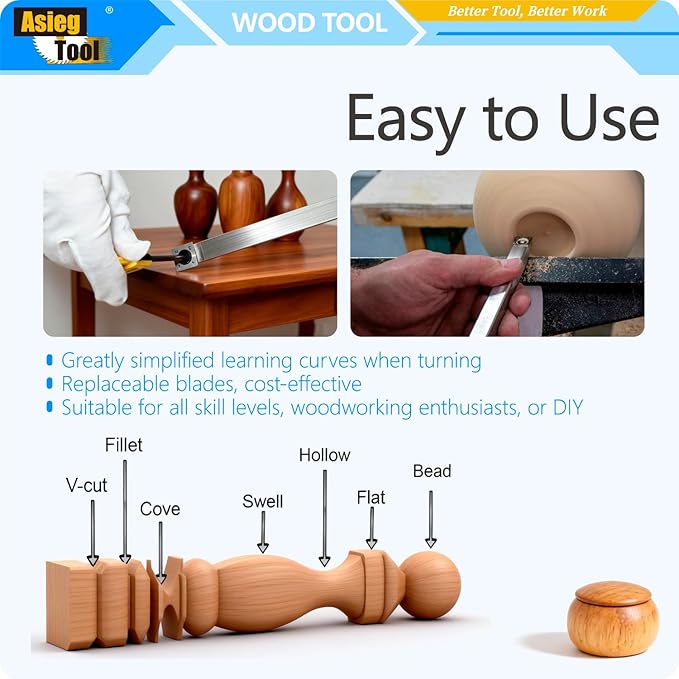 AT05 Carbide Tipped Wood Turning tools Lathe set Rougher Detailer Finisher Swan Neck Hollower Parting Tool with Solid Wood Handle and Diamond Round Square Carbide Inserts 5pcs