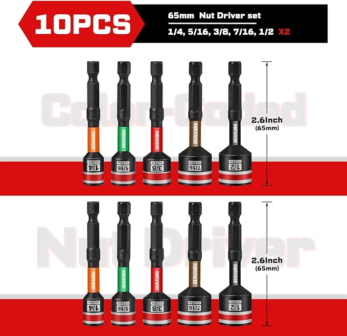 Impact Nut Driver Set, 10 Pieces 2.56?쒵ong 1/4??/16??/8??/16??1/2?? Point Alloy Steel Magnetic SAE Nut Setter Set Use For Require Installing 1/4 Hex Shank Impact Driver with Case Box