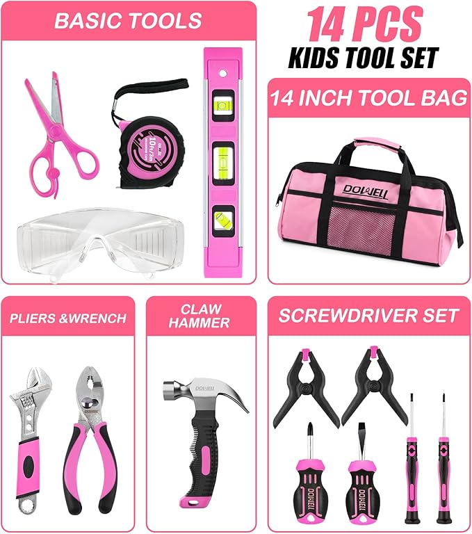 DOWELL 14 Pieces Kids Real Tools Pink Tool Set竊똖ool Kit with Storage Bag for Boys, Girls, Children DIY Building and Woodworking, Age 8+