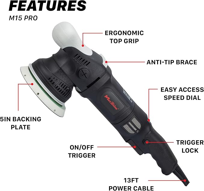 Maxshine M15 Pro Dual Action Polisher ??15 mm Long Throw, 1000 W Power, 5??Backing Plate, Variable Speed 2,500??,000 OPM, Low Vibration Ergonomic ??Professional Car & Marine Paint Correction Buffer