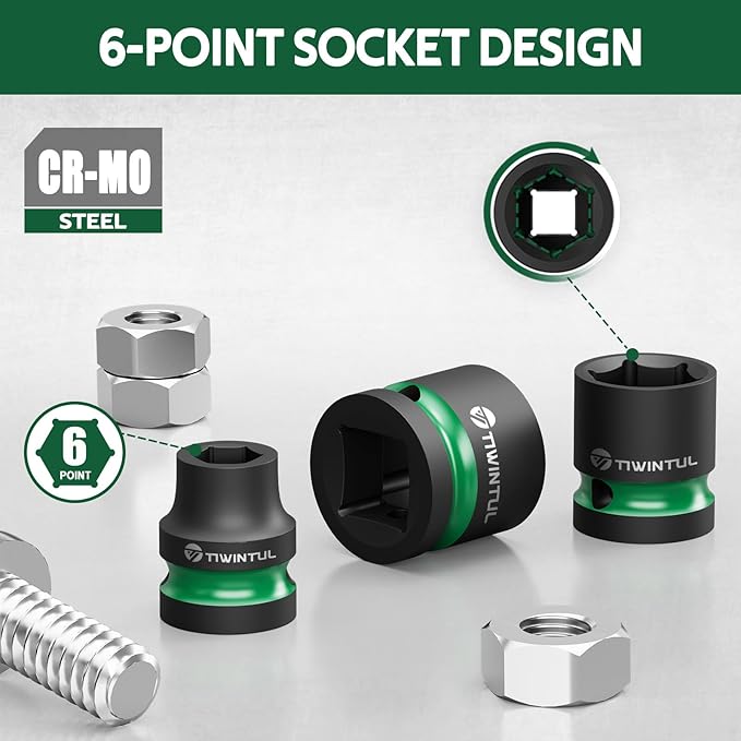 1/2" Drive Shallow Impact Socket Set, 8-24mm, Metric, CR-MO, 6-Point, 16 Pieces Stubby Socket Set for Automotive Maintenance, Repairs and DIY Projects