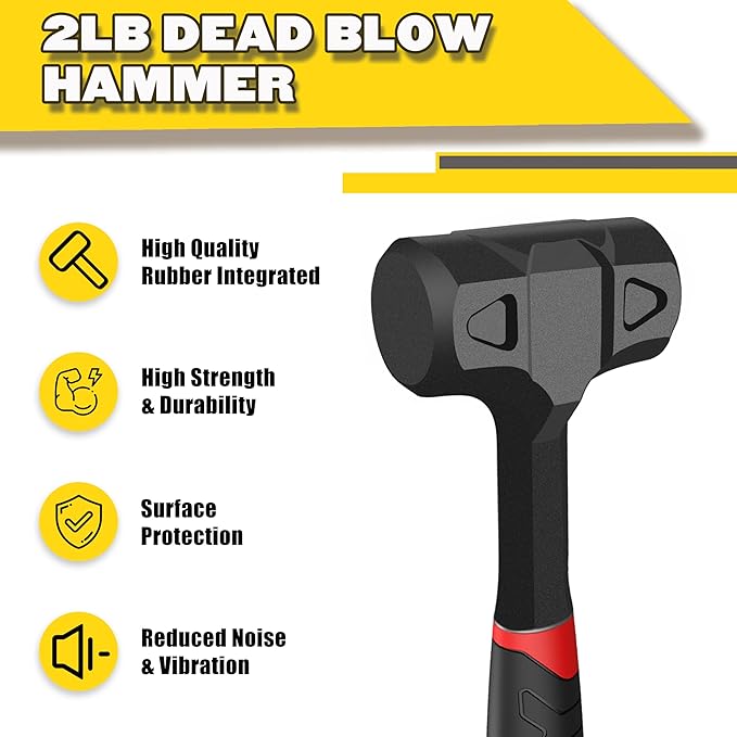 YIYITOOLS 2LB (32oz) Dead Blow Hammer, Heavy Duty One-Piece Forged Carbon Steel Construction, Steel Ball-Filled Head, Anti-Vibration Rubber Grip, Spark and Rebound Resistant, Ideal for DIY, Automotive