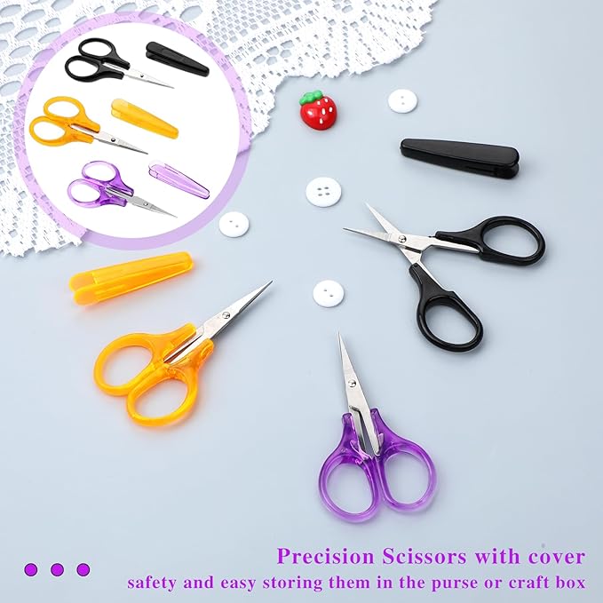 3Pcs Small Scissors All Purpose Craft Scissors Stainless Steel Scissors with Protective Cover Mini Detail Craft Scissors Precision Straight Fine Tips Design for Paper Cutting,Scrapbooking, Sewing