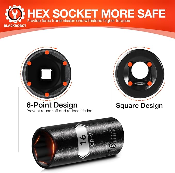 BLACKROBOT 1/2 Inch Drive 6-Point Deep Socket, 16mm Deep Impact Socket, CR-V Steel
