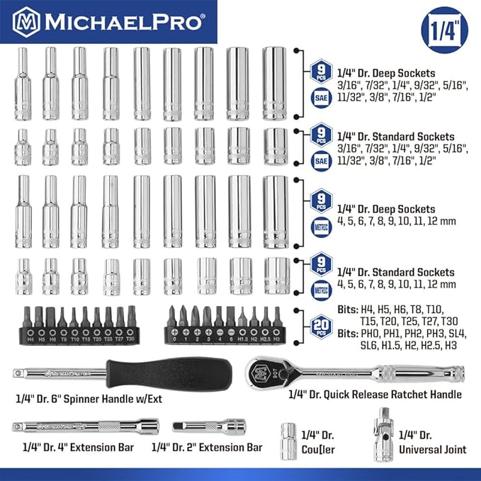 MichaelPro 62-Piece 1/4'' Dr. Socket Set, 90-Tooth Standard & Deep Sockets, SAE 3/16''-1/2'' & Metric 4-12mm, CR-V Steel, 6-Point Design, with Ratchet, Extensions, Spinner Handle, 1/4" Bits | MP005059