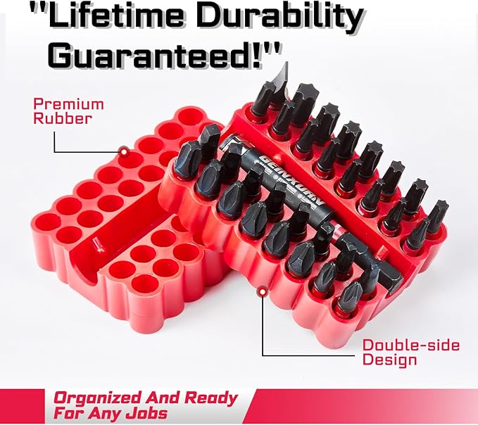 Impact Screwdriver Bits Set, 33 Pieces 1?쒶ulti Head Magnetic S2 Steel Driver Bits PH/SQ/Torx/Slotted With Red Soft Base