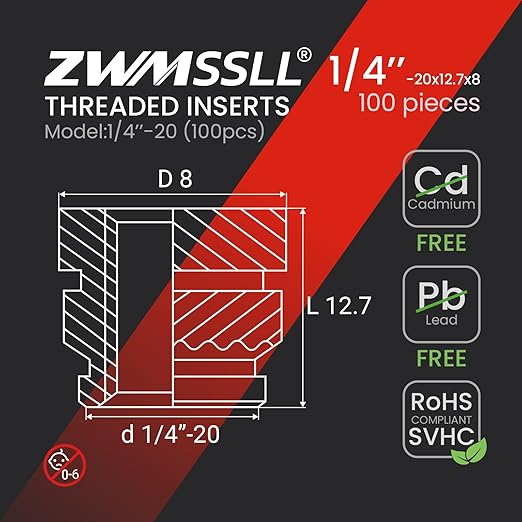 1/4-20 Heat Set Threaded Inserts,100 Pieces Heat Set Insert for 3D Printing Components and Plastic Parts,1/4 20x12.7x8 Brass Knurled Nuts kit