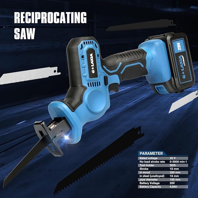 Reciprocating Saw, 20V Cordless Reciprocating Saw with 4.0Ah Battery, Tool-Free Blade Change, 3Pcs Blades for Wood, Soft Metal, PVC Pipe Cutting