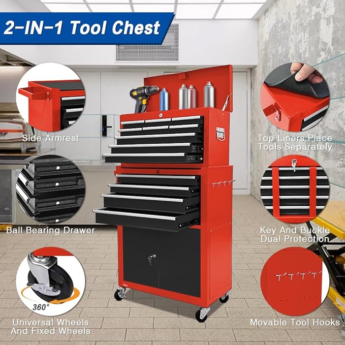 13-Drawer Tool Chest with Double Door and wheels, Large Detachable Toolbox with Sliding Drawers, Mechanic Tool Box Storage Cabinets, Metal Tool Cart for Garage Workshop (RED＆BLACK)