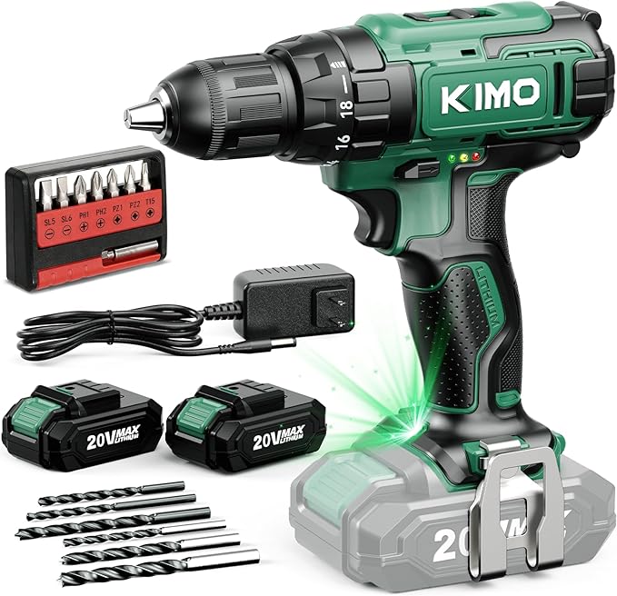 KIMO Cordless Drill Set with 20V 2.0Ah Battery 2 Packs, Max 350 In-lb Torque, 0-1350 RPM, 3/8" Keyless Chuck, 18+2 Clutch Setting, 18pcs Accessories, Power Drill for Drilling Wood Bricks Walls Metal