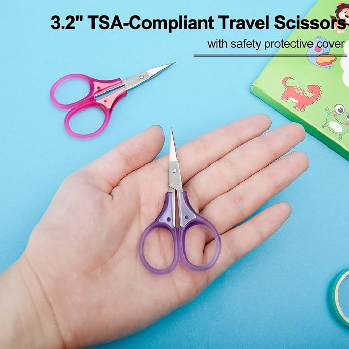 Small Craft Scissors, 3" Tiny Travel Scissors Tsa Compliant with Cover, Sharp Scissors all Purpose, Straight Fine Tips Mini Sewing Scissors Set, Precision Detail Paper Cutting, Pink/Purple
