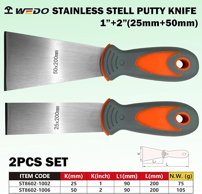WEDO Putty Knife Scraper Set 2PCS, 1"+2" Spackle Knife,Stainless Steel Paint Scraper for Drywall Repairing and Clearing,Taping Knife with Anti-slip Handle,Length 200mm