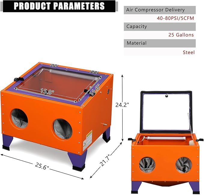 AutoForever 25 Gallon Air Sandblasting Cabinet,40-80 PSI Power Air Sand Blasting Cabinet,Heavy Duty Steel Sandblasting with Spray Gun & 4 Nozzle Bench Top Cabinet for Rust Removal,Stain,Paint