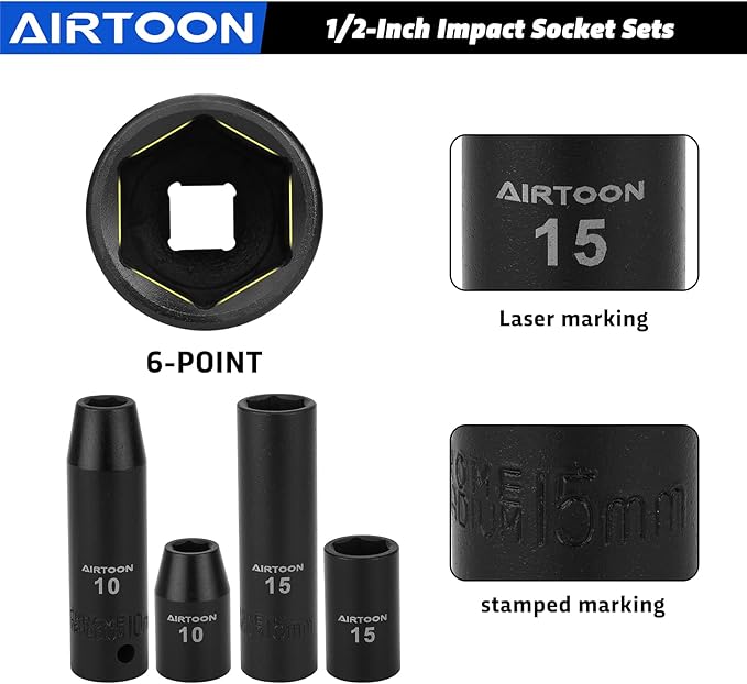 AIRTOON 1/2-Inch Drive Impact Socket Set, 49 Piece Deep & Shallow Metric Socket Set 8mm to 32mm, 6 Point, CR-V Steel for Auto Repair, Easy-to-Read Size Markings, Rugged Construction, Storage Case