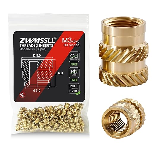 M3 Threaded Inserts Heat Set Insert,80 Pieces M3x6x5mm Metric Knurled Nuts,Brass Threaded Inserts for Plastic and 3D Printing Components
