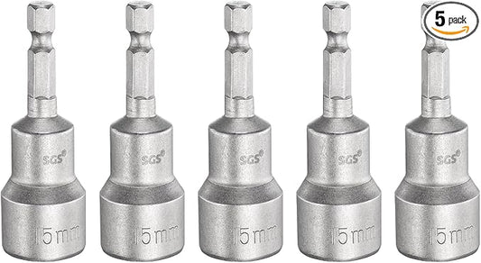 HARFINGTON 5pcs Nut Driver Drill Bit 15mm Metric Socket 1/4" Hex Shank 2.56" (65mm) Long Magnetic 6-Point Sockets Quick Change CR-V Steel Bolt Setters for Power Drill Drivers