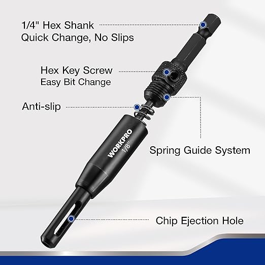 WORKPRO 3-Piece Self Centering Drill Bit Set, Durable HSS VIX Bit with Hex Key, 3/32?? 7/64?? 1/8??Center Drill Bits, 1/4 Inch Hex Shank for Precise Cabinet and Door Installation