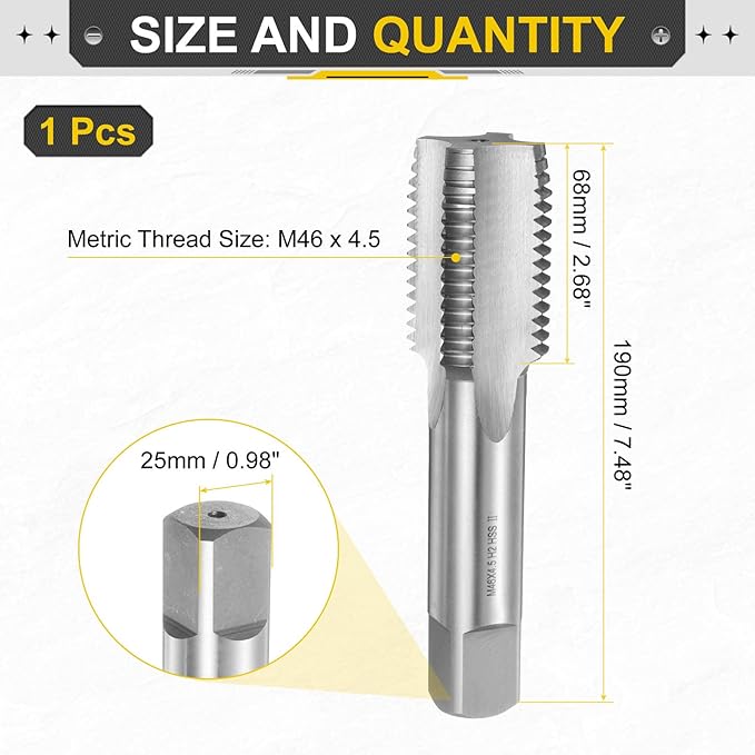 uxcell Hand Plug Tap M46 x 4.5 H2 Metric Thread Plug Style Taps Straight Flute Screw Tapping Threading Tool High Speed Steel HSS6542