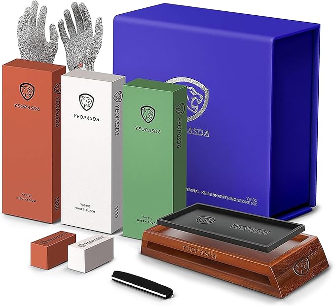 Extra Large Knife Sharpening Stone Kit - YeopAsda Thickered 3 Side Grit 400/1000/6000 Xl Wet Stone - Whetstone Knife Sharpener with Non-Slip Wood Base, Angle Guide, Cut Resistant Gloves